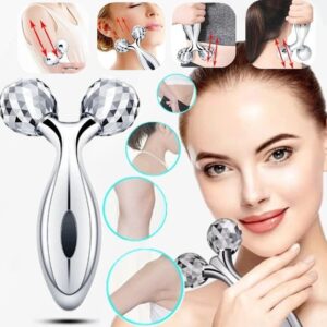 3D Manual Solar Powered Face Body Roller Massager, 3D Roller Face Massager Y-Shape Face Lift Tool Firming Beauty Massage Body Face Massager - Silver